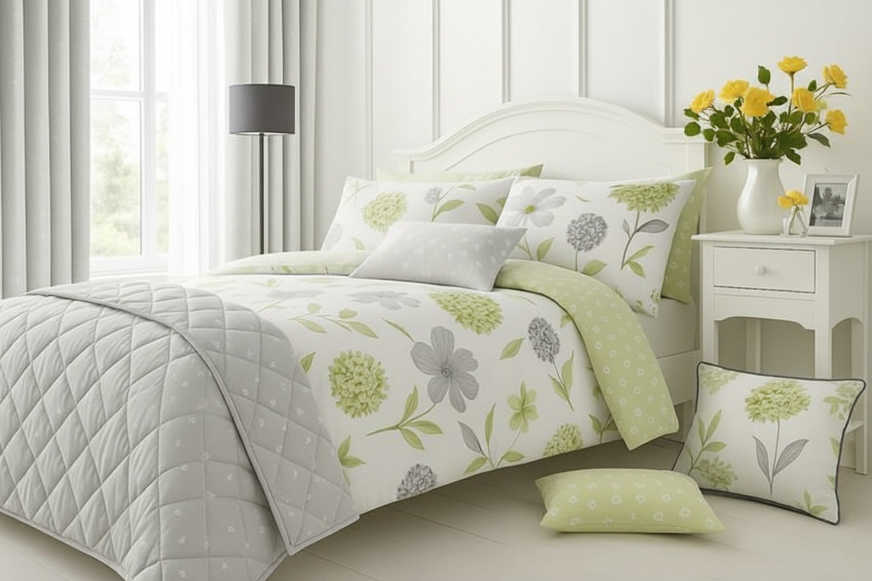 Luxury Cotton-Rich Caroline Green Duvet Set – Classic Floral, Soft & Breathable, Machine Washable, Multiple Sizes | Wowcher