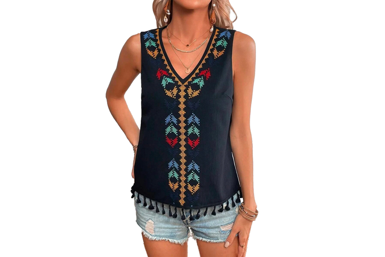 Unisex Black Bohemian Tassel Sleeveless Vest Top – 100% Polyester, Relaxed Fit, Summer Festival Style | Wowcher