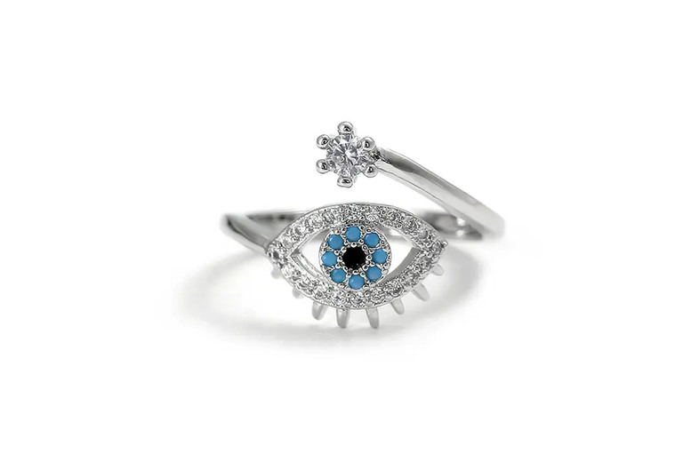 Blue Zircon Evil Eye Ring - Choose Gold or Silver Finish | Wowcher
