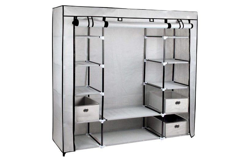 Large Canvas Fabric Bedroom Wardrobe with Hanging Rail, Drawers & Shelves - Lightweight Storage Solution | Wowcher