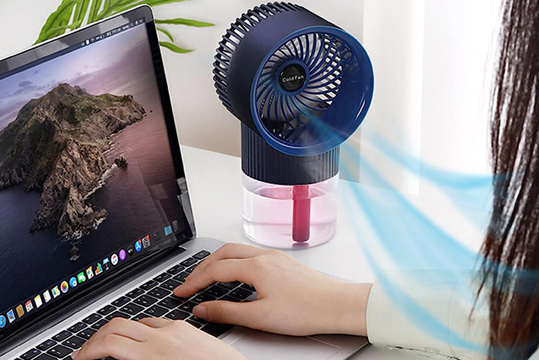 Three-Speed LED Humidifier Misting Fan – Modern Portable Home Decor, 13cm x 10.5cm x 22.5cm | Wowcher