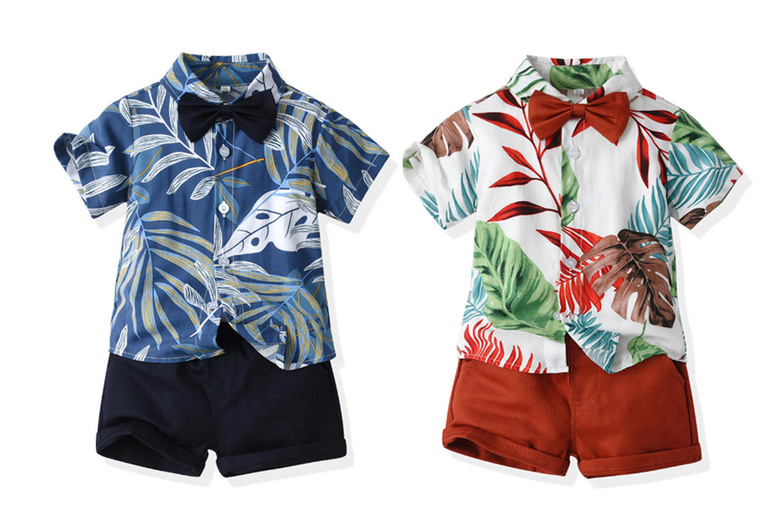 Kids Hawaiian Print Summer Shirt & Shorts Set – 80% Polyester, 20% Cotton, Ages 2-8, Machine Washable | Wowcher