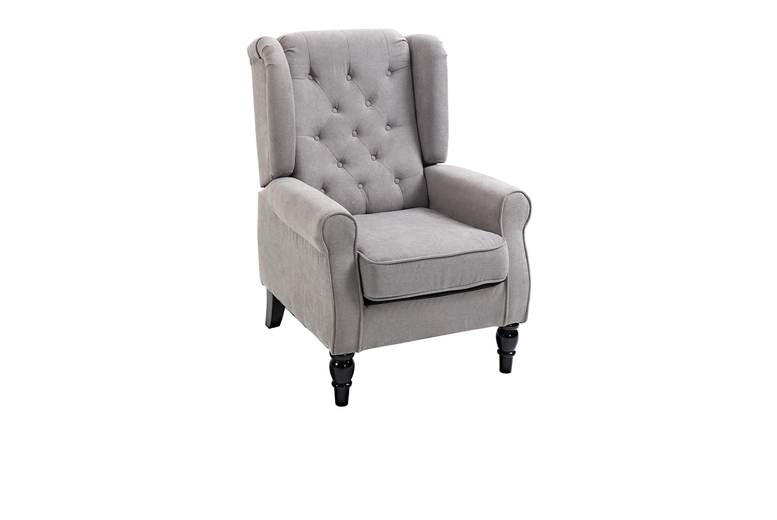 HOMCOM Retro Wingback Armchair – Grey Upholstered, High-Back, Sturdy Wood, 160kg Capacity | Wowcher