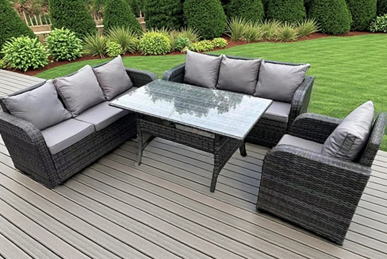 7 Seater Dark Grey PE Rattan Garden Dining Set with Reclining Sun Lounger – Weather-Resistant, Modern Outdoor Furniture | Wowcher