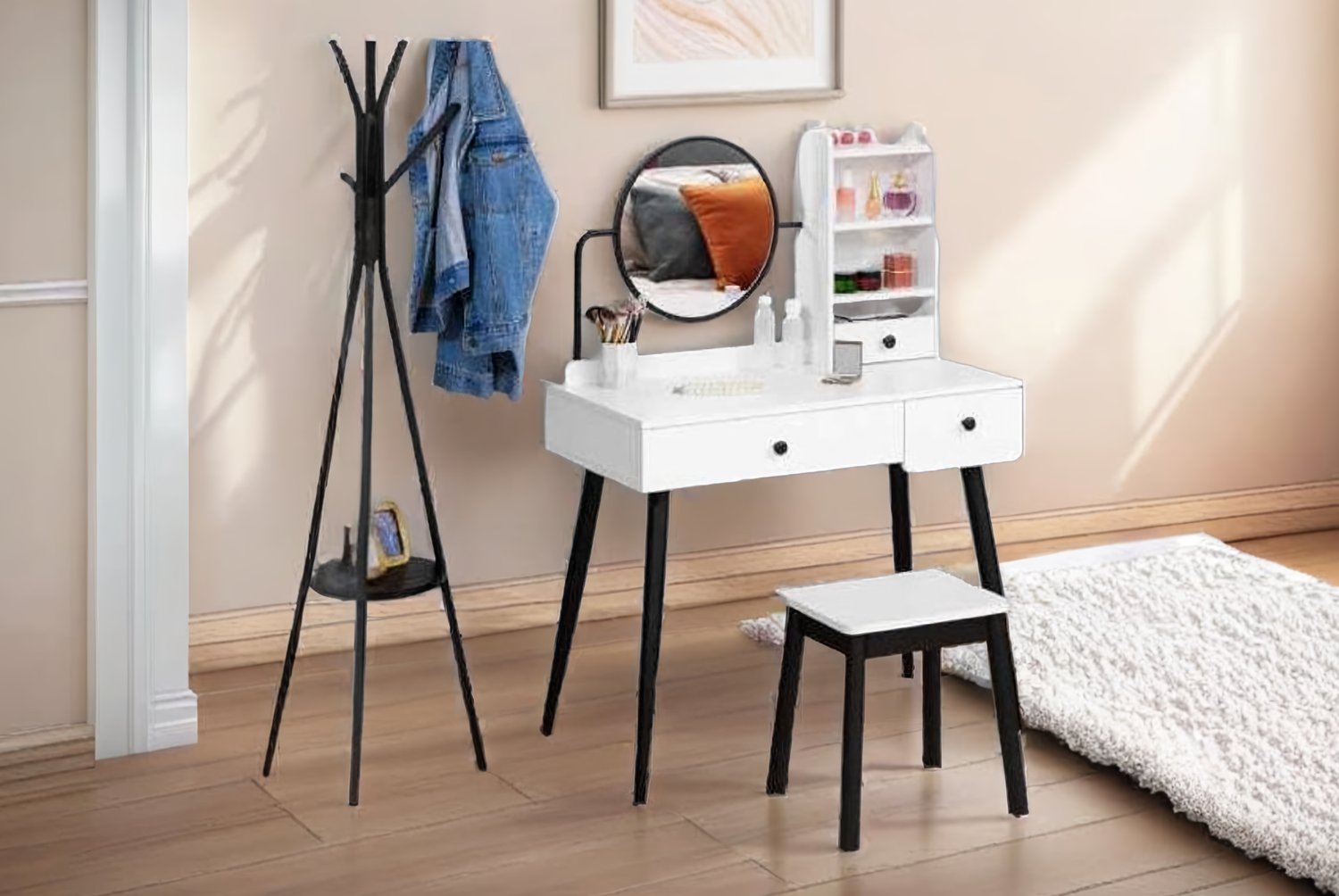 HOMCOM White Wooden Dressing Table Set with Mirror & 3 Storage Drawers – Contemporary Bedroom Vanity, Solid Wood Legs, Matching Stool | Wowcher HOMCOM White Wooden Dressing Table Set with Mirror & 3 Storage Drawers – Contemporary Bedroom Vanity, Solid Wood Legs, Matching Stool | Wowcher