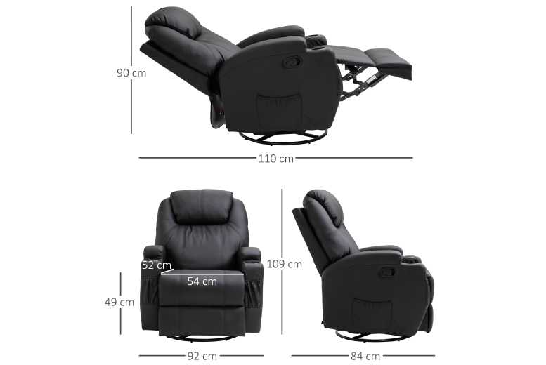 Black PU Leather Reclining Massage Sofa Chair – Swivel & Rock, High Back, Plush Padding | Wowcher