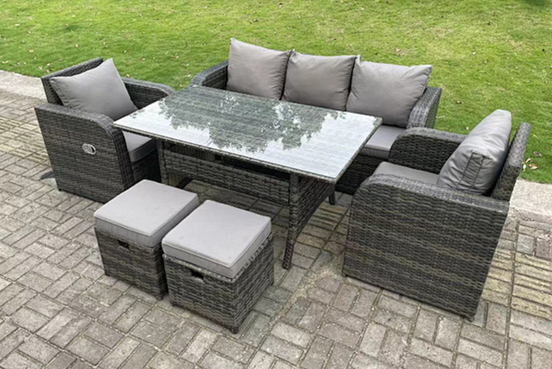 7 Seater Dark Grey PE Wicker Rattan Garden Dining Set with Reclining Chairs | Wowcher 7 Seater Dark Grey PE Wicker Rattan Garden Dining Set with Reclining Chairs | Wowcher
