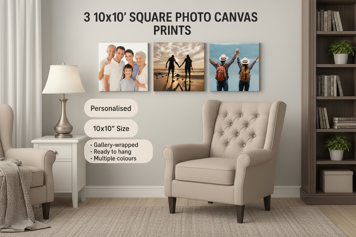 Personalised Canvas Wall Art Prints Set - 3-Pack, Hand-Stretched Pinewood, 10" x 10", Modern Photo Gallery Decor | Wowcher