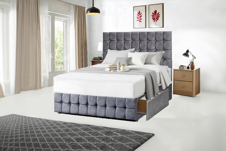 Dark Grey Velvet Divan Bed with Storage & Mattress | Wowcher Dark Grey Velvet Divan Bed with Storage & Mattress | Wowcher
