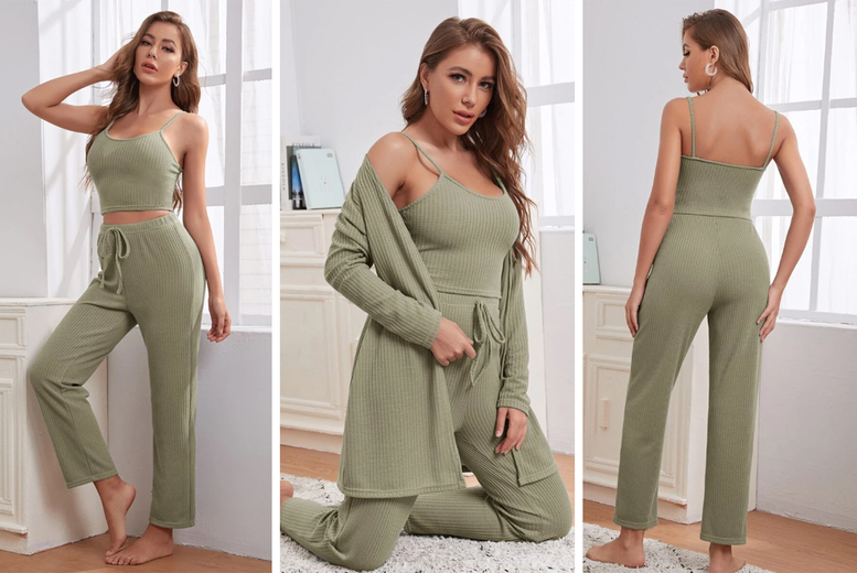POWSEEN Women's Waffle Knit Pajama Set - Short Sleeve Top & Long Pants Loungewear