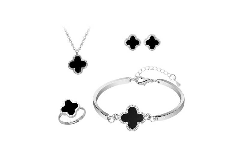 Elegant Black Four Leaf Clover Jewellery Set – 4-Piece Matching Copper Gift Set | Wowcher