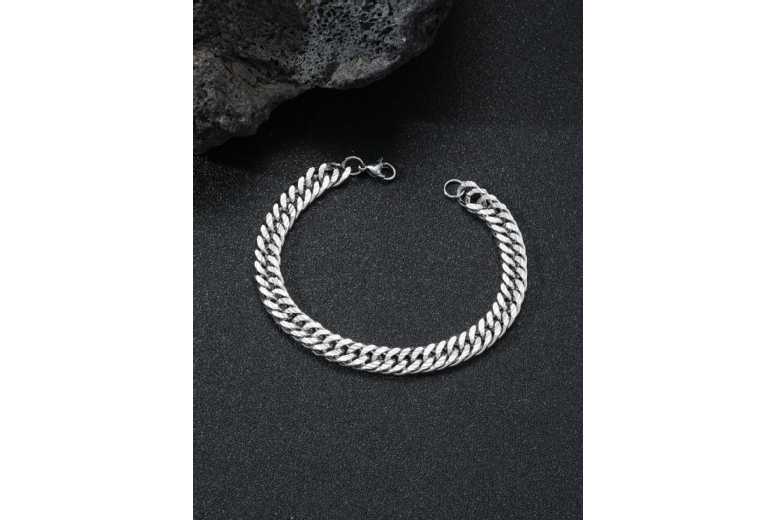 Men's Silver-Tone Double Curb Bracelet - 20cm, Copper, Lobster Clasp | Wowcher