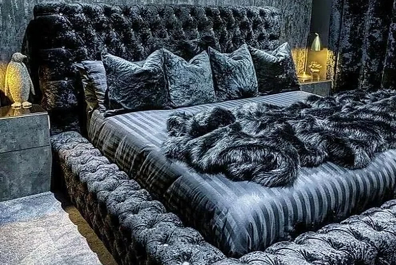 Elegant Black Crushed Velvet Bed Frame with Diamante Headboard | Wowcher Elegant Black Crushed Velvet Bed Frame with Diamante Headboard | Wowcher
