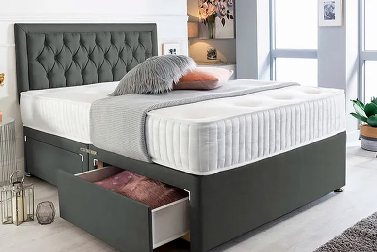 Charcoal Suede Divan Bed and Mattress at LivingSocial