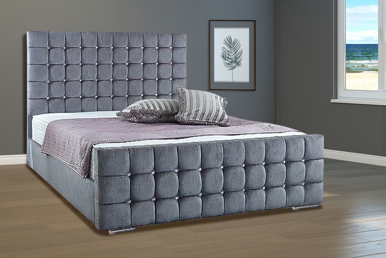 Royal Grey Velvet Cube Bed Frame & Base | Wowcher