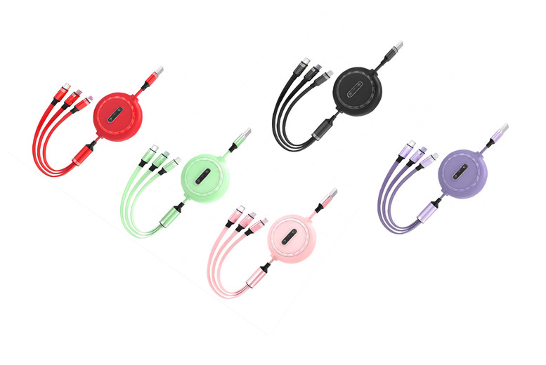 Retractable 3-in-1 Fast Charging Cable - Universal for iPhone, Samsung, Android & Type-C - 1.1m Tangle-Free, Multi-Device, 5 Colours | Wowcher