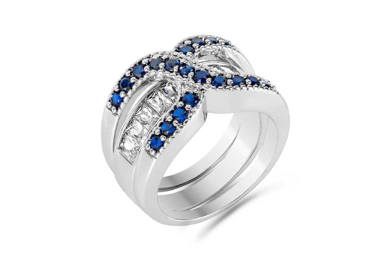 2-in-1 Blue Sapphire Cubic Zirconia Stackable Ring Set – Rhodium-Plated Copper, Modern Engagement & Wedding Bands | Wowcher