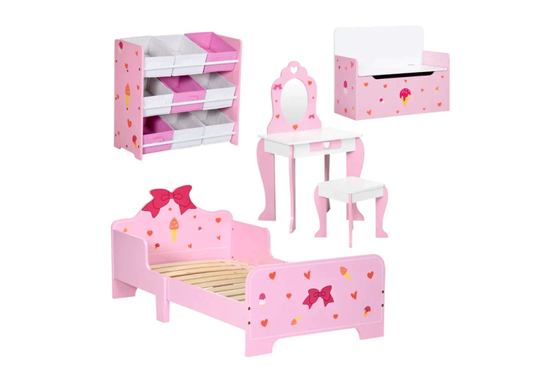 Kids Pink 4-in-1 Bedroom Set - Bed, Toy Box, Storage & Table | Wowcher