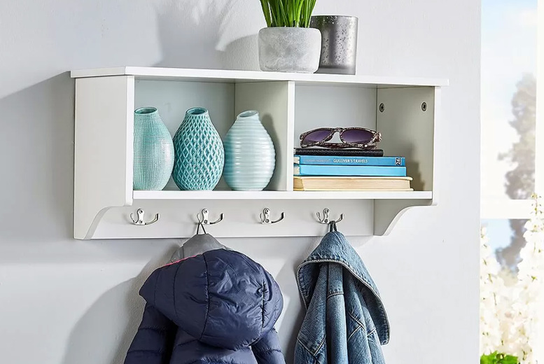 Wall Mounted Wooden Coat Hook Shelf - Space-Saving Entryway Storage in White or Grey, 60cm | Wowcher