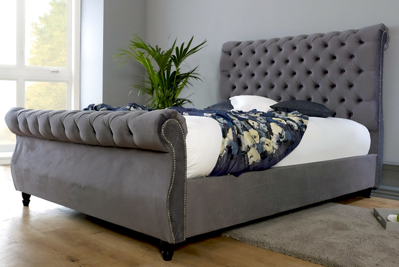 Luxury Grey Chesterfield Sleigh Bed with Orthopedic Mattress Luxury Grey Chesterfield Sleigh Bed with Orthopedic Mattress