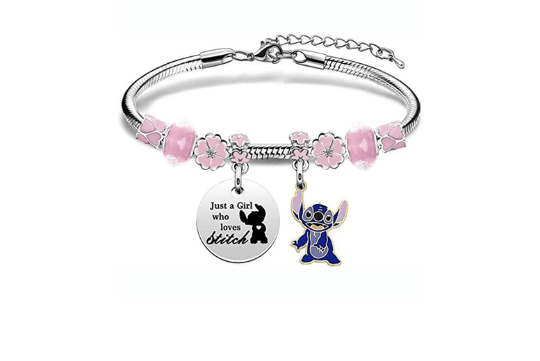 Adjustable Stainless Steel ‘Just A Girl Who Loves Stitch’ Charm Bracelet – Pink or Blue | Wowcher