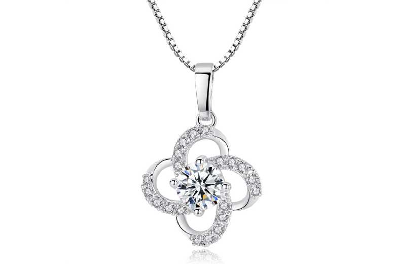Swarovski Crystal Silver Tone Pendant Necklace Set – Adjustable Rhodium-Plated Heart & Four-Leaf Clover | Wowcher