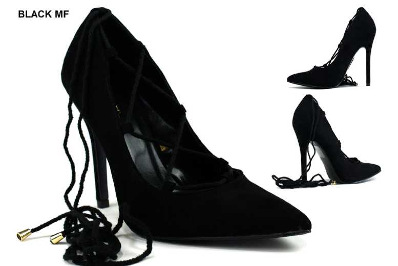 Women’s Black Lace-Up Chunky Heel Pumps – Elegant Formal Court Shoes | Wowcher