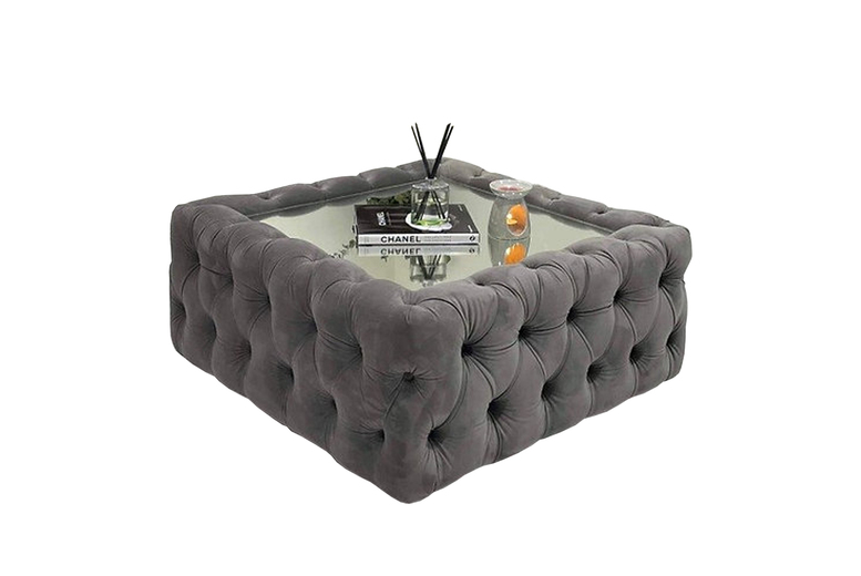 Grey Velvet Chesterfield Luxury Glass Top Coffee Table Grey Velvet Chesterfield Luxury Glass Top Coffee Table