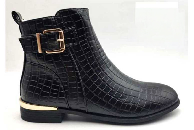Black Women’s Gold Buckle Fashion Boots – Durable, Versatile, Comfortable Ankle Boots | Wowcher
