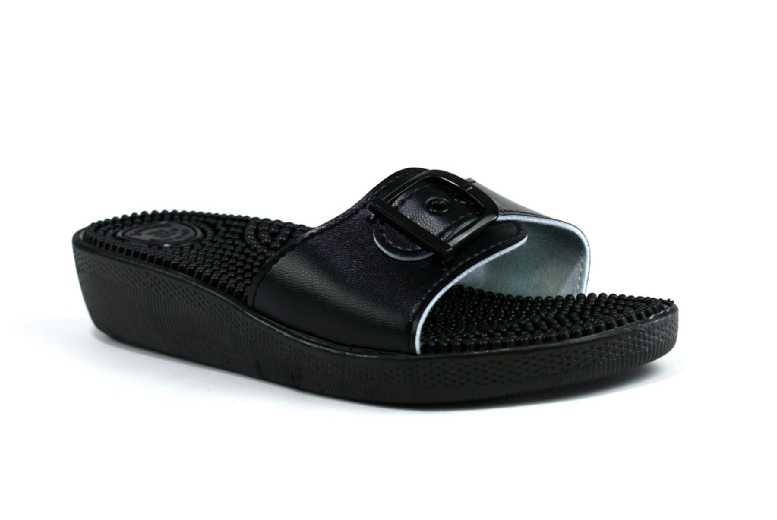 Women’s Black Faux Leather Casual Slip-On Sandals – Low Wedge, Lightweight, Sizes 3-8 | Wowcher
