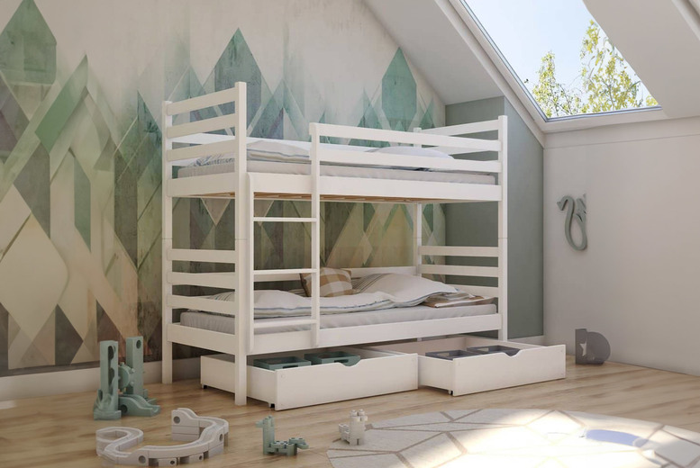 Nemo Solid Wood Bunk Bed with Storage Drawers – Space-Saving Nursery Cot Bed (White/Grey) | Wowcher