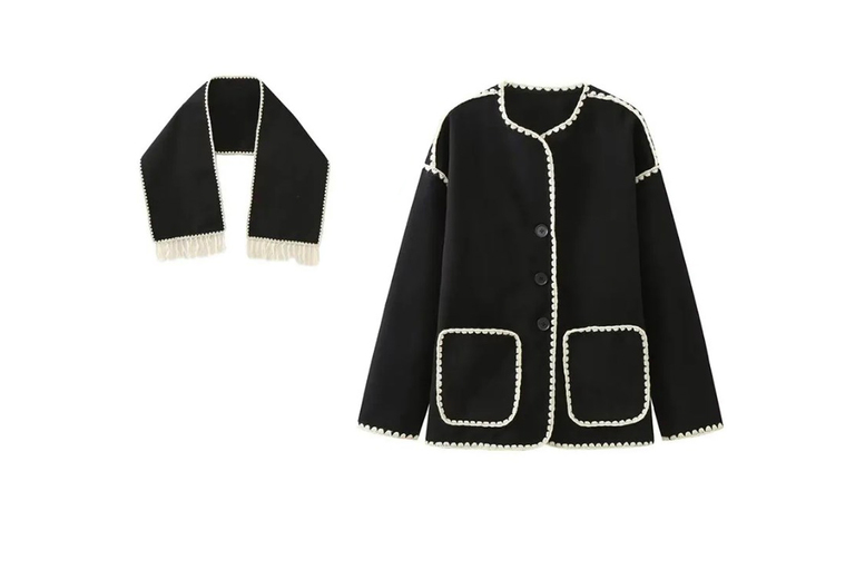 Unisex Grey Oversized Cotton-Blend Trim Jacket with Removable Scarf – Longline, Button-Down, Stylish Outerwear | Wowcher