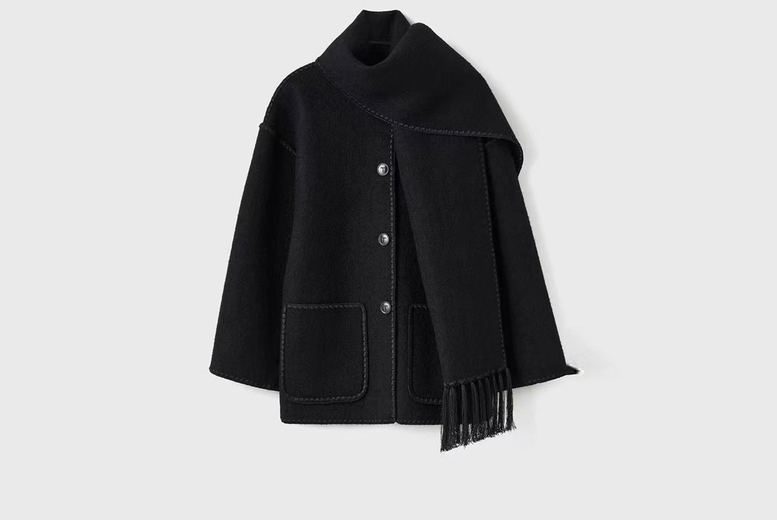 Unisex UK 20-22 / FULL BLACK: An oversized trim jacket with a matching scarf | Wowcher
