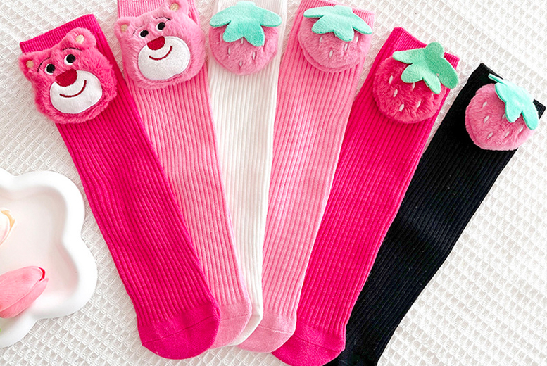 Women’s Black Kids’ Breathable Cotton Crew Socks – 3D Strawberry & Losto Design, One Size, Multi-Colour | Wowcher