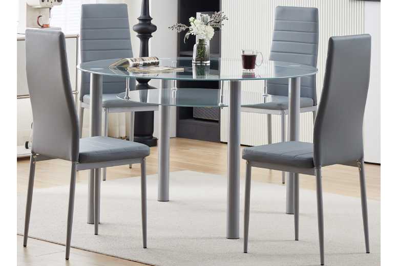 Contemporary Glass & Faux Leather 4-Seater Dining Set – 120cm Round Table, Grey Chairs | Wowcher Contemporary Glass & Faux Leather 4-Seater Dining Set – 120cm Round Table, Grey Chairs | Wowcher