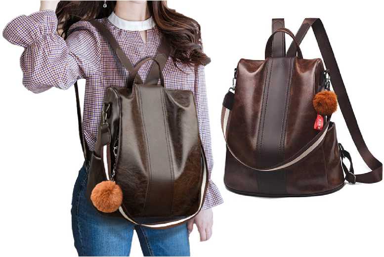 Brown Chic Women’s PU Leather Anti-Theft Backpack – Water-Resistant, Adjustable Straps, Multi-Pocket | Wowcher