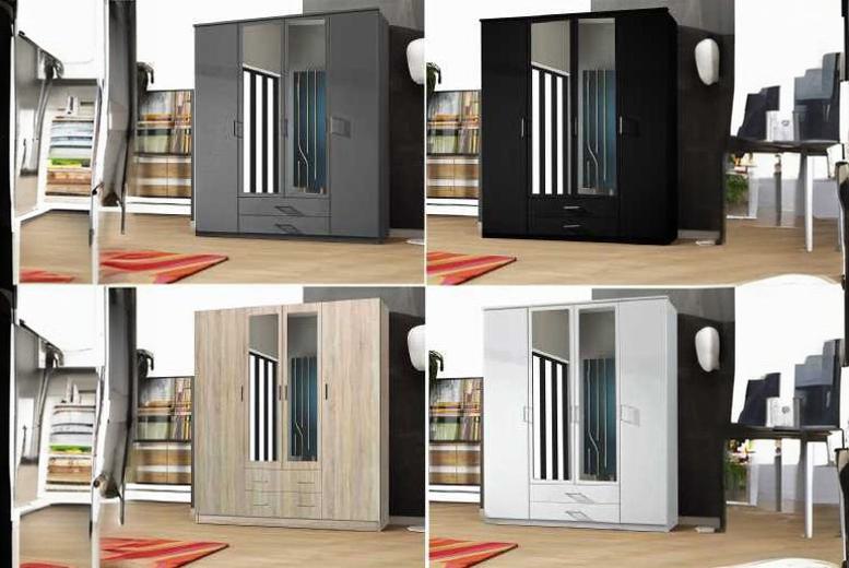 Contemporary 4-Door Mirror Wardrobe – Freestanding, Ample Storage, Sleek Hinged Doors | Wowcher Contemporary 4-Door Mirror Wardrobe – Freestanding, Ample Storage, Sleek Hinged Doors | Wowcher