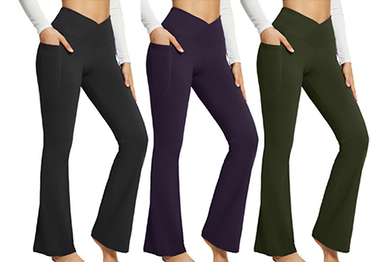 UK10 / BLACK: Women's Crossover Flared Leggings | Wowcher