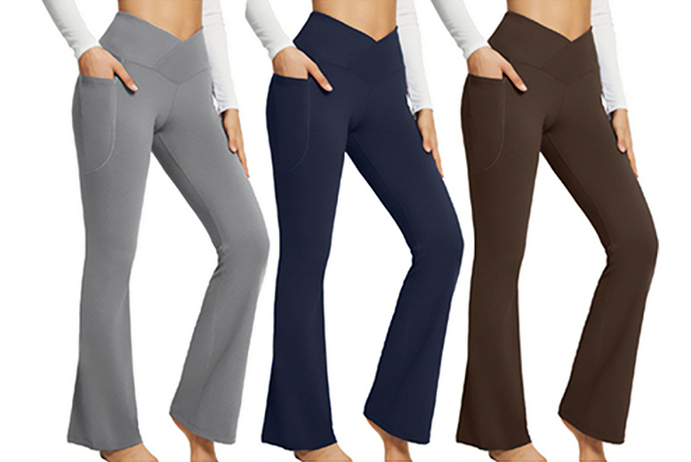 UK10 / BROWN: Women's Crossover Flared Leggings | Wowcher