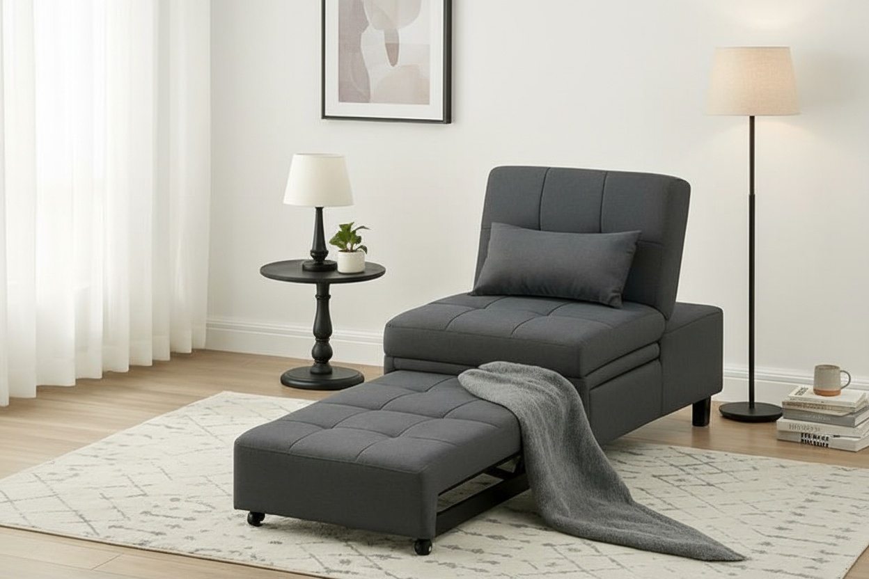 4-in-1 Fabric Convertible Chair Bed Sofa with Padded Seat & Pillow - Modern Single Recliner | Wowcher