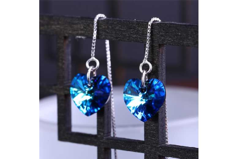 Ocean-Blue Heart Crystal Earring Set – Premium Crystal & Rhodium-Plated Jewellery | Wowcher