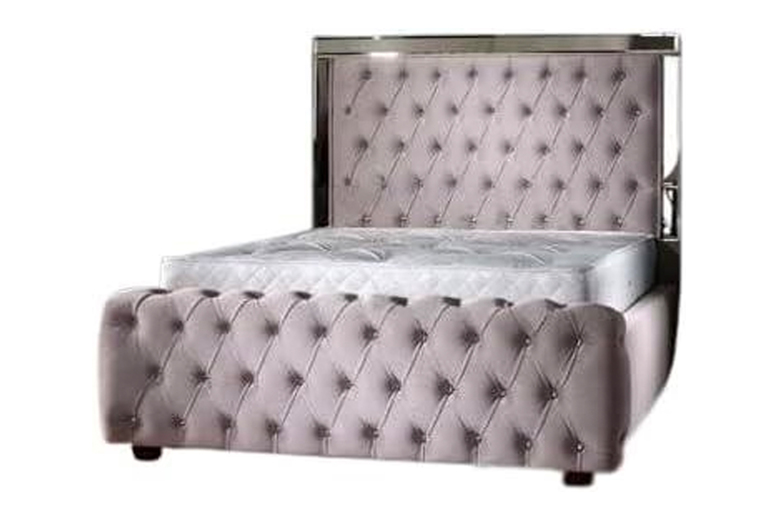 Chesterfield Grey Plush Velvet Ottoman Divan Bed – Mirrored Headboard, Storage Base, All Sizes | Wowcher