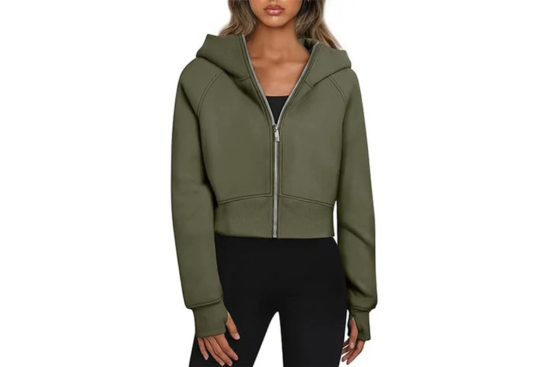 UK 8 / ARMY: A Women's Fleece Lined Full Zipper Sweatshirt w/ Hoodie in 4 Sizes & 9 Colours | Wowcher