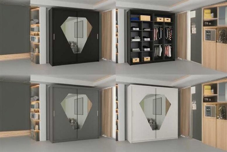 Diamond Sliding Door Wardrobe with Mirror – Modern Space-Saving Bedroom Storage, 150cm/203cm, Multiple Finishes | Wowcher
