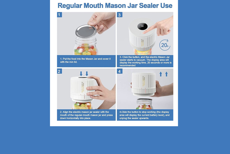Electric Mason Jar Vacuum Sealer Kit – Compact Food Storage Appliance, Dual Mouth, Hands-Free Operation | Wowcher