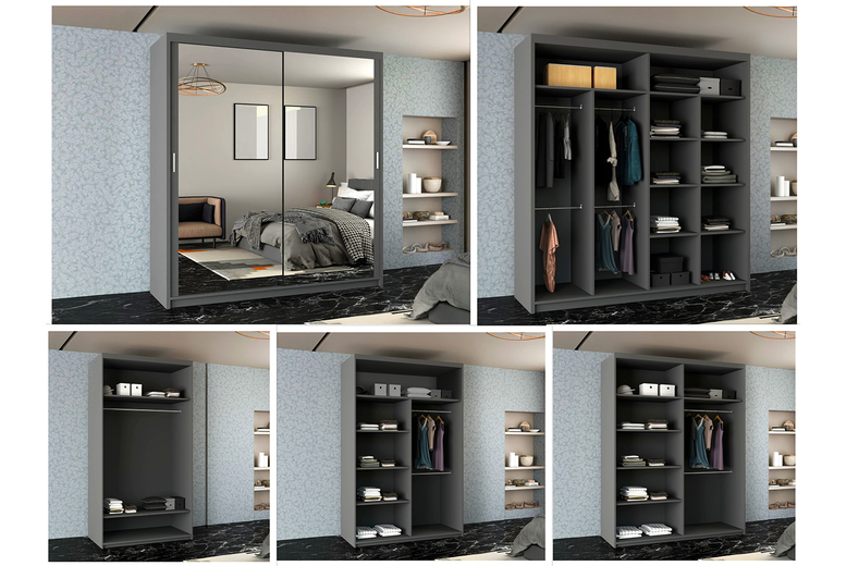 Contemporary Grey MDF Sliding Door Wardrobe with Mirror – Adjustable Shelves, Hanging Rails, Multiple Sizes | Wowcher