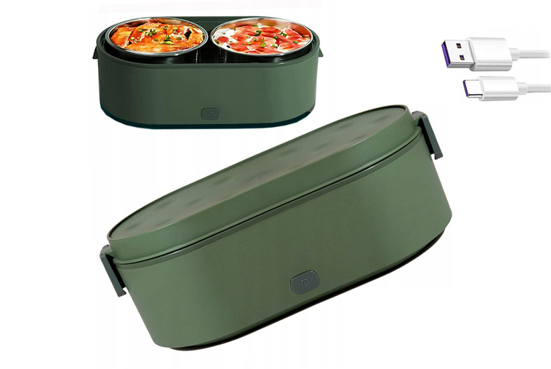 USB-Powered Electric Heated School Lunch Box – Durable Stainless Steel, 2 Compartments, 3 Colours | Wowcher