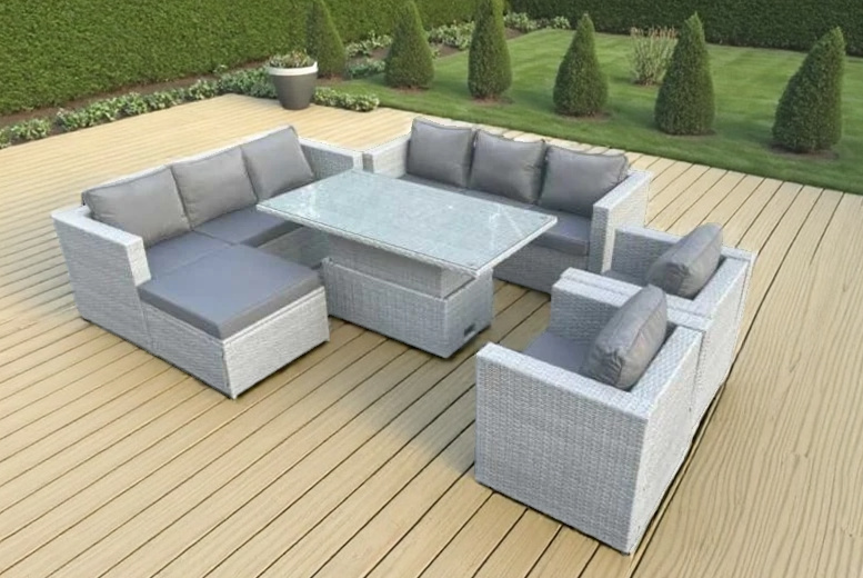 Light Grey Weather-Resistant Rattan Sofa Dining Set with Adjustable Table – 8 Seater Garden Furniture | Wowcher Light Grey Weather-Resistant Rattan Sofa Dining Set with Adjustable Table – 8 Seater Garden Furniture | Wowcher