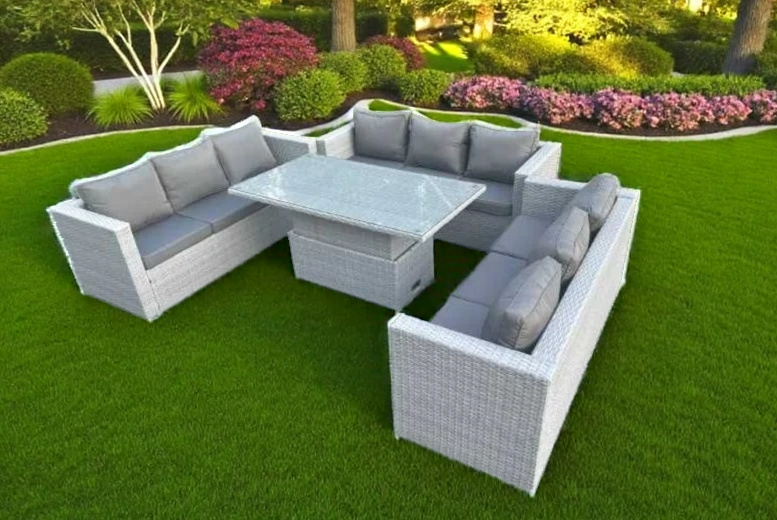 Light Grey Rattan 6-Seater Dining Sofa Set with Adjustable Table – Weather-Resistant, Modern Garden Furniture | Wowcher Light Grey Rattan 6-Seater Dining Sofa Set with Adjustable Table – Weather-Resistant, Modern Garden Furniture | Wowcher