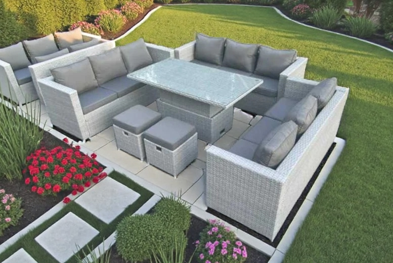 Light Grey PE Rattan 6-Seater Garden Dining Sofa Set with Rising Table – Weather-Resistant, Modern Outdoor Furniture | Wowcher